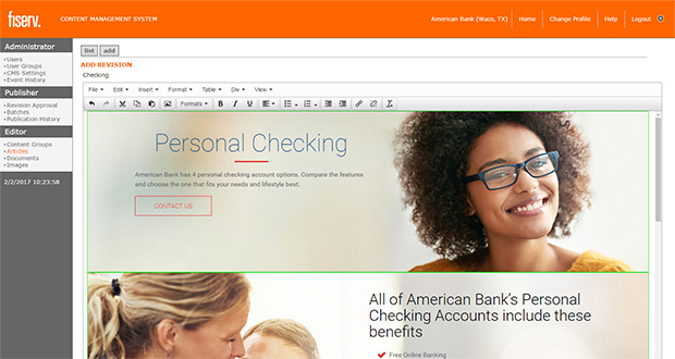 Content Managemet System Screenshot - American Bank, Waco Texas